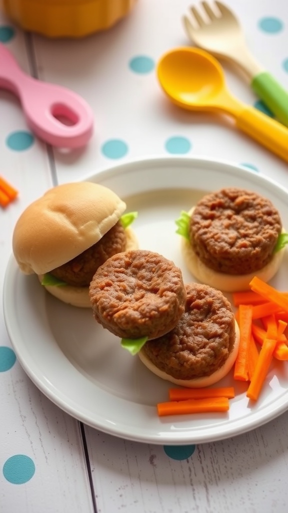 Soft mini burgers for babies with ground meat and vegetables on a plate, perfect for little hands.